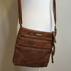 Estalon Crossbody Bag Purse Brown Distressed Leather Zipper Pockets Classic
